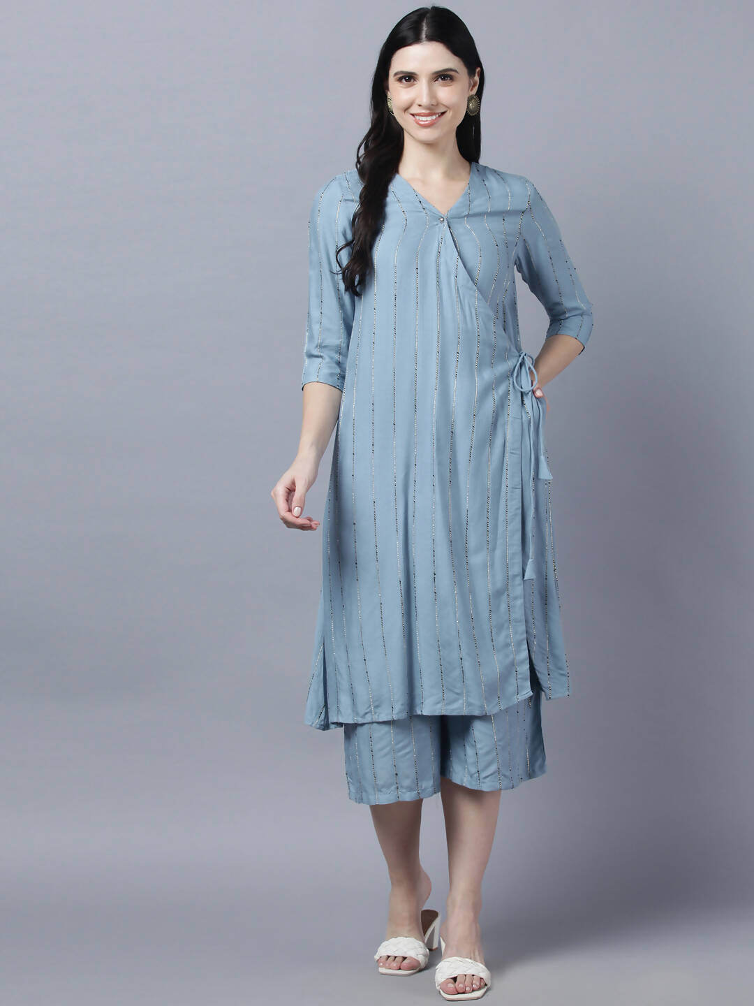 Myshka Stylish Grey Viscose 3/4 Sleeve Women's Kurta Palazzo Set | Grocsy