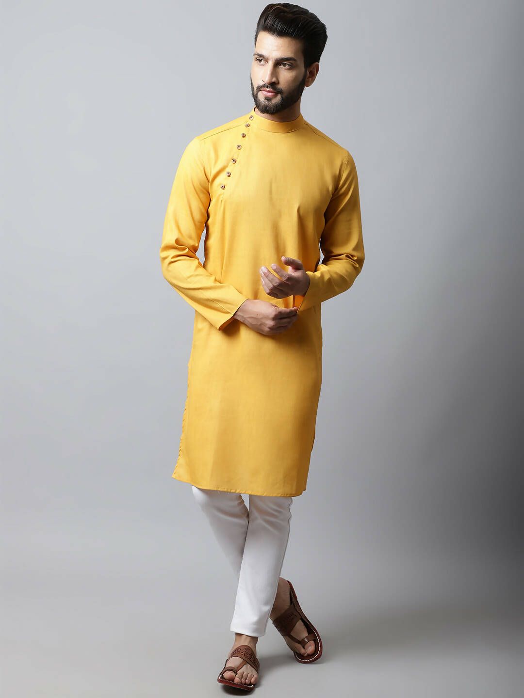 Even Apparels Yellow Color Pure Cotton Men's Kurta With Side Placket (SLD1130) | Grocsy