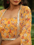 Janasya Mustard Georgette Floral Top Bottom Cape | Grocsy