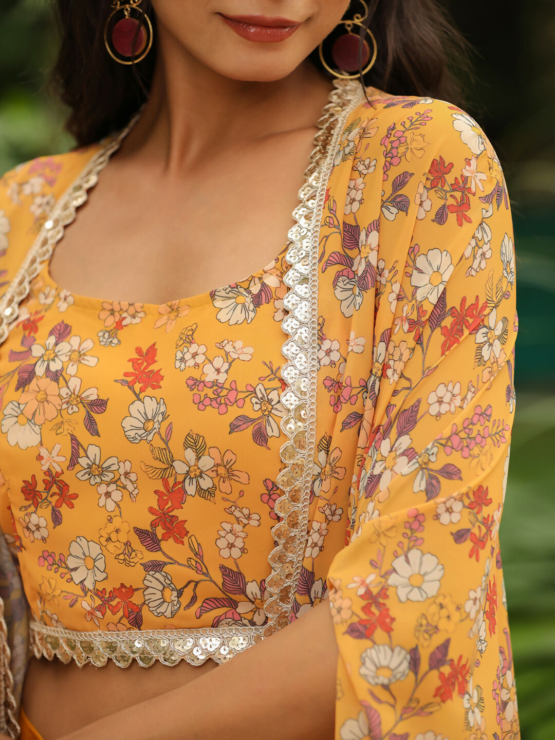 Janasya Mustard Georgette Floral Top Bottom Cape | Grocsy