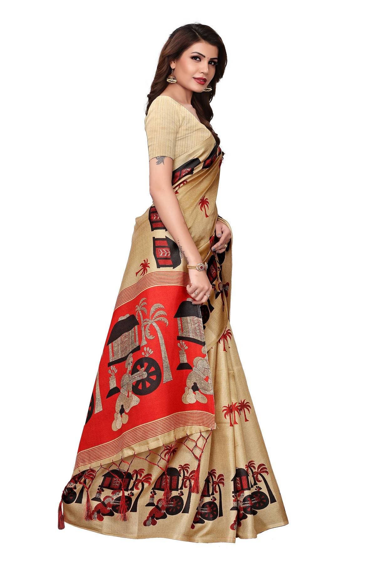 Vamika Kalamkari With Jhalar Khadi Silk Saree in Chiku Color | Grocsy