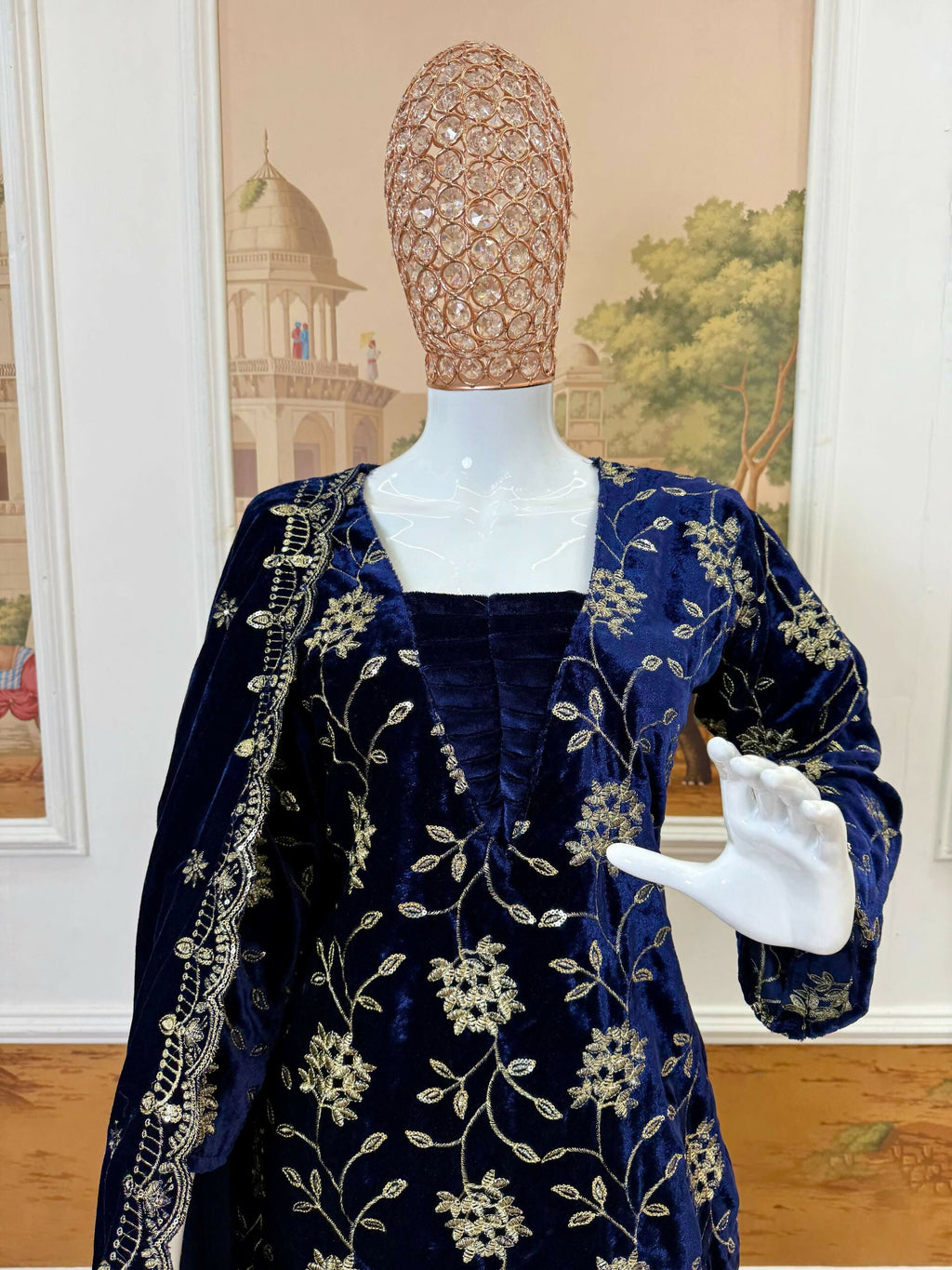 Vastranavya Blue Velvet Front Embroidery Work Kurta With Bottom & Dupatta | Grocsy