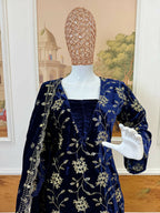 Vastranavya Blue Velvet Front Embroidery Work Kurta With Bottom & Dupatta | Grocsy