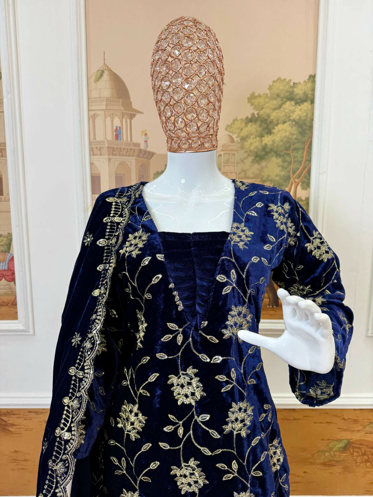 Vastranavya Blue Velvet Front Embroidery Work Kurta With Bottom & Dupatta | Grocsy