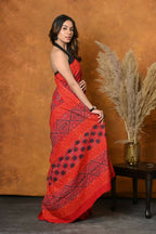 Very Much Indian Handblock Printed Cotton Saree With Natural Dyes - Red | Grocsy
