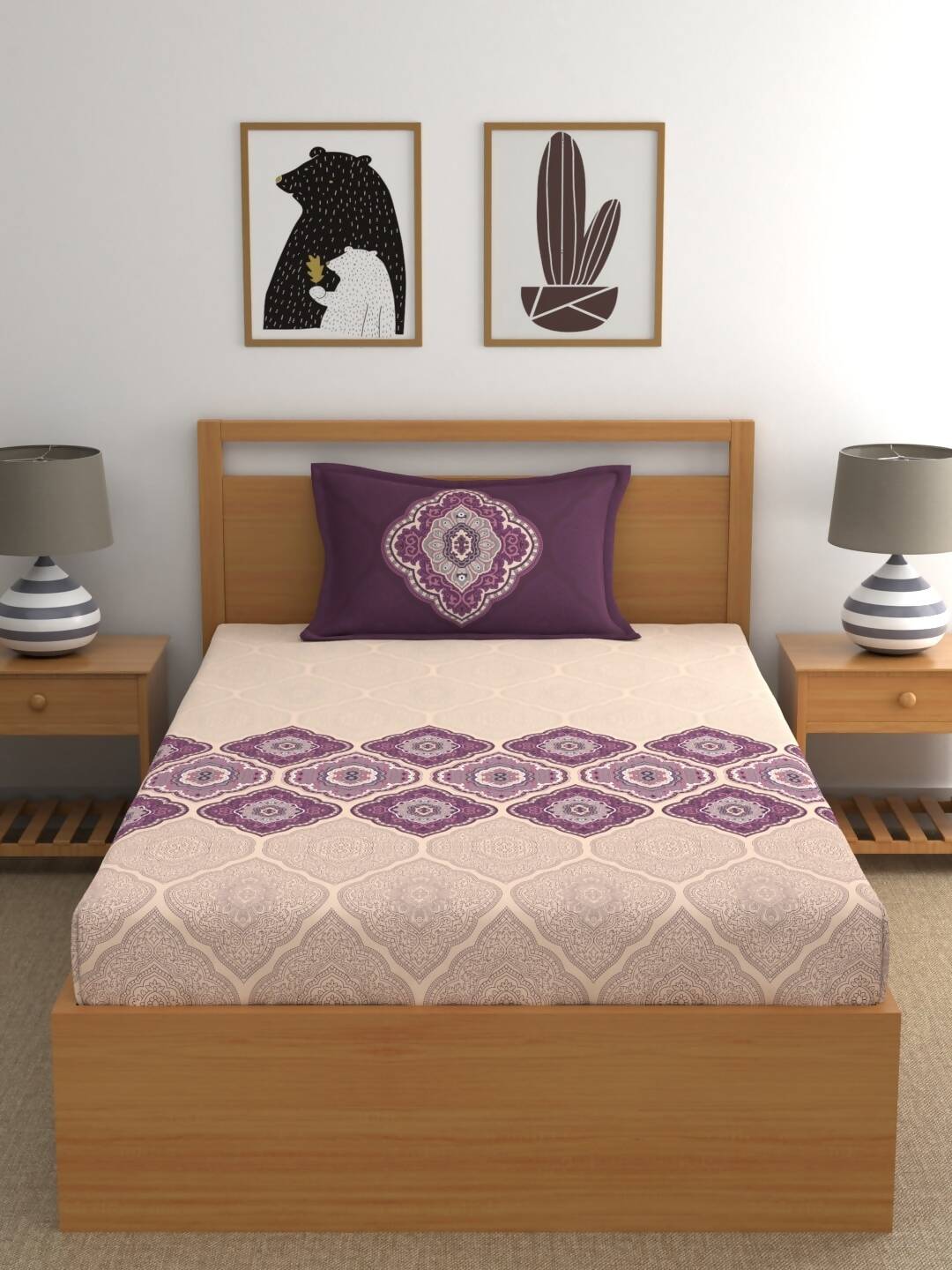 Dreamscape Purple & Cream-Coloured 144 TC Bedsheet with Pillow Covers | Grocsy