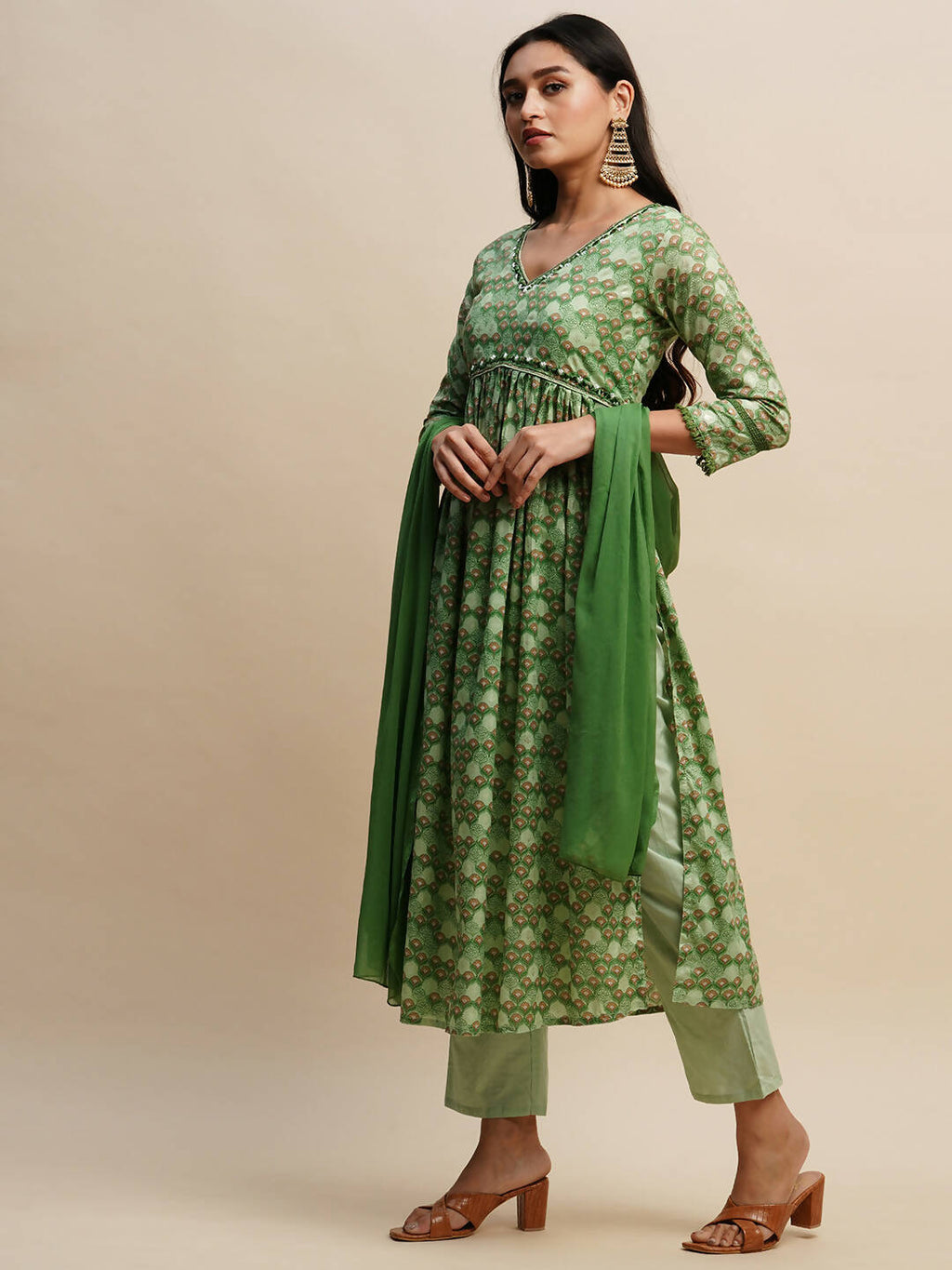 Green Pure Cotton Floral Printed Naira Cut Kurta And Bottom With Dupatta - Akashara | Grocsy