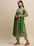 Green Pure Cotton Floral Printed Naira Cut Kurta And Bottom With Dupatta - Akashara | Grocsy