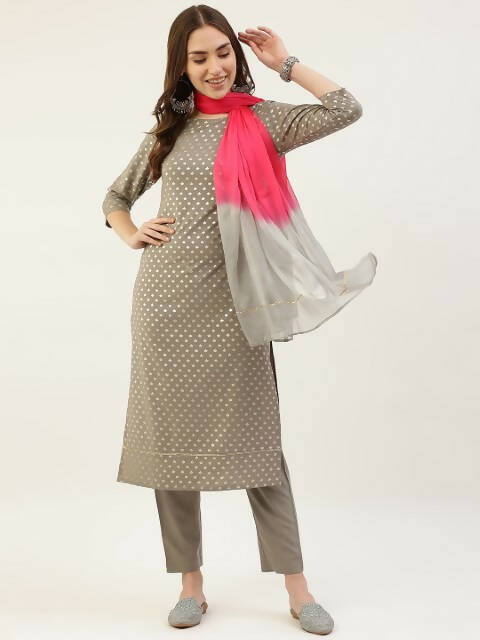 FIORRA Women's Grey Poly Crepe Straight Kurta Pant With Dupatta | Grocsy