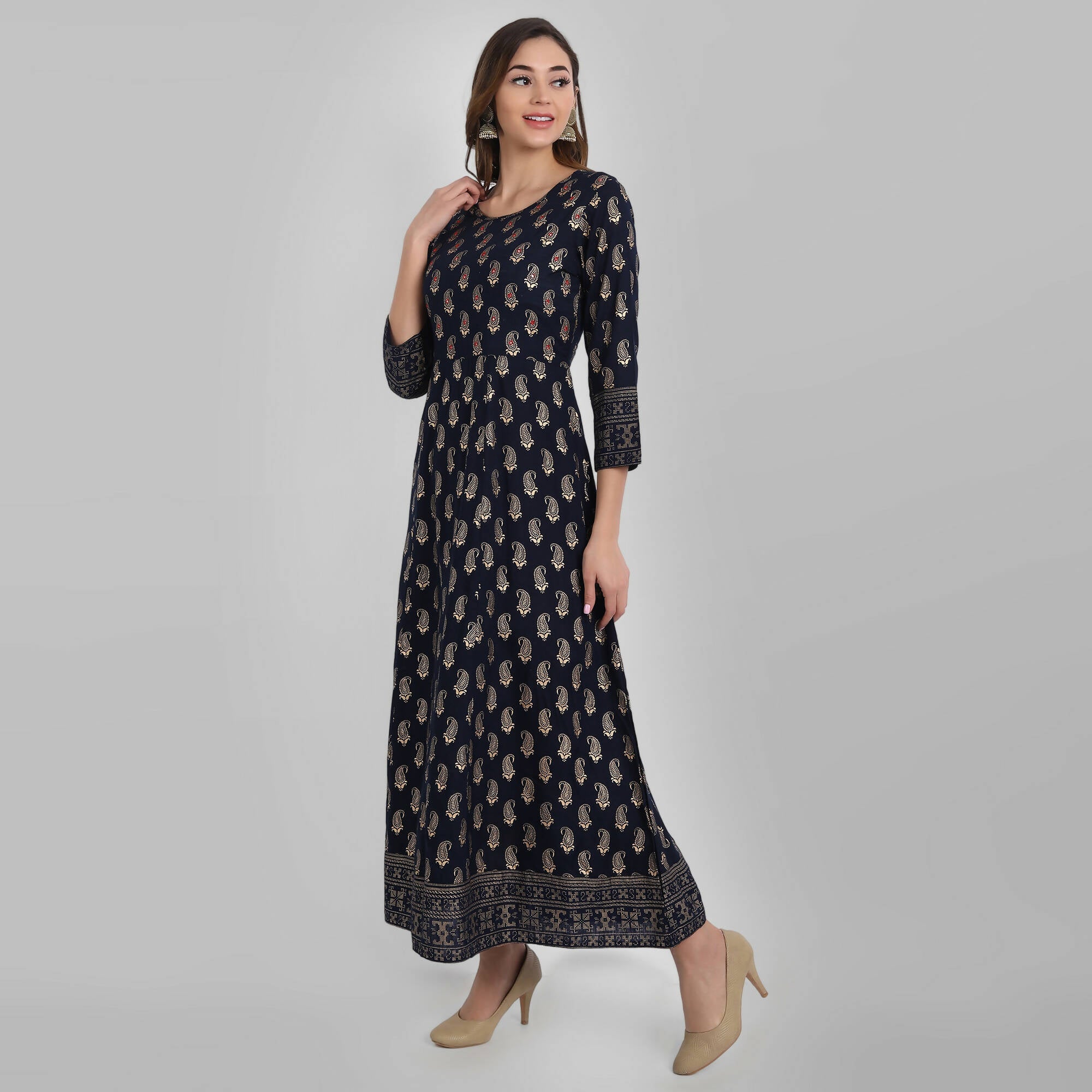 Juniper Women's Navy Rayon Printed Flared Dress | Grocsy
