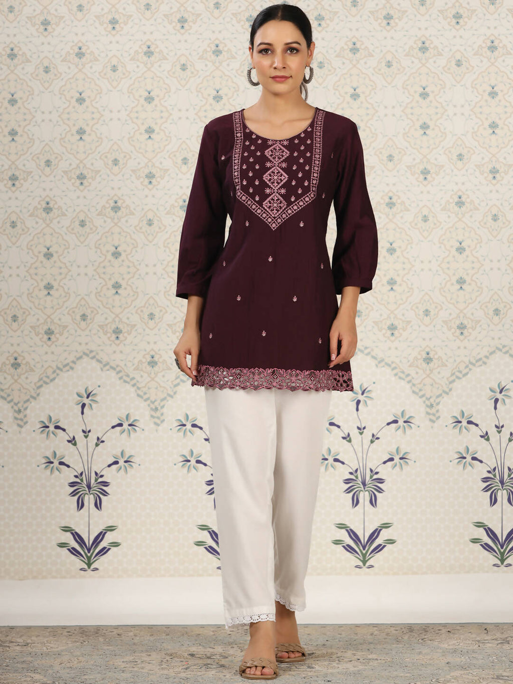 Magenta Chinon Embroidered Straight Top - Zeny | Grocsy