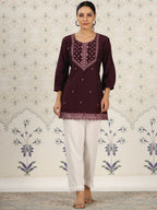 Magenta Chinon Embroidered Straight Top - Zeny | Grocsy