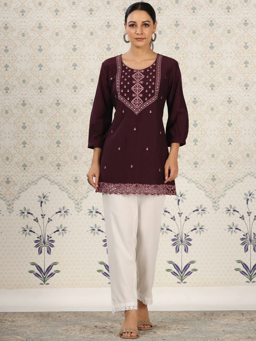 Magenta Chinon Embroidered Straight Top - Zeny | Grocsy