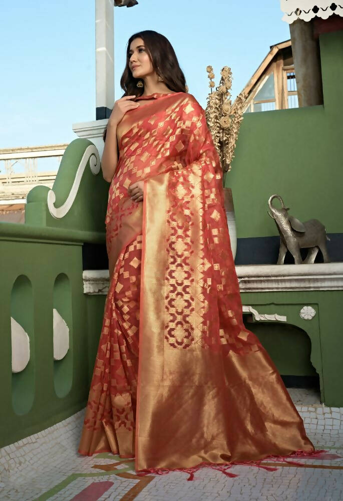 Charming Designer Light Tomato Red Color Organza Silk Saree With Weaving Work - Yomika Fashions | Grocsy