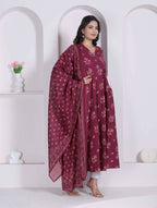 Miravan Womens Maroon Floral Printed Angrakha Pure Cotton Kurta And Dupatta | Grocsy