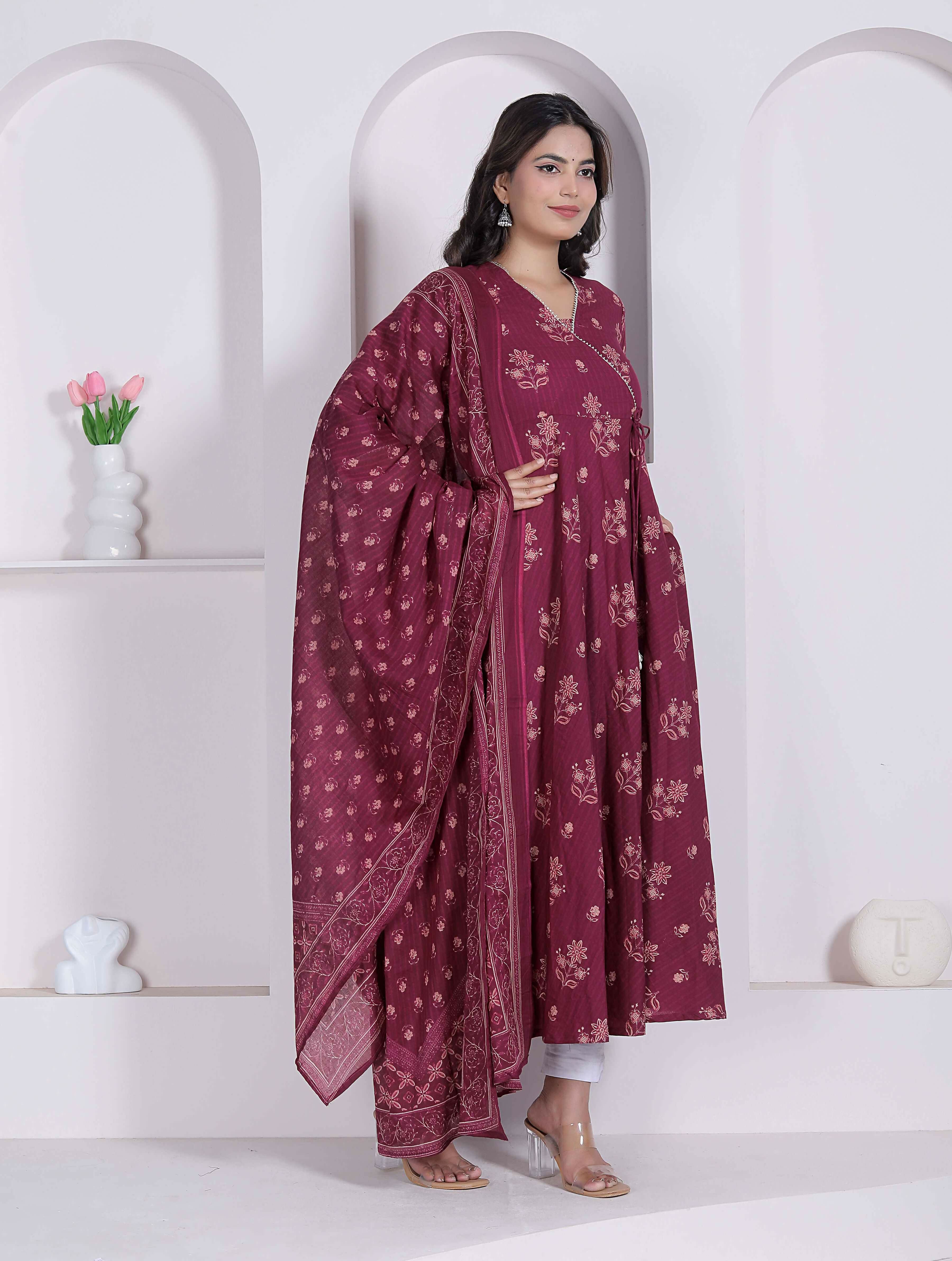 Miravan Womens Maroon Floral Printed Angrakha Pure Cotton Kurta And Dupatta | Grocsy