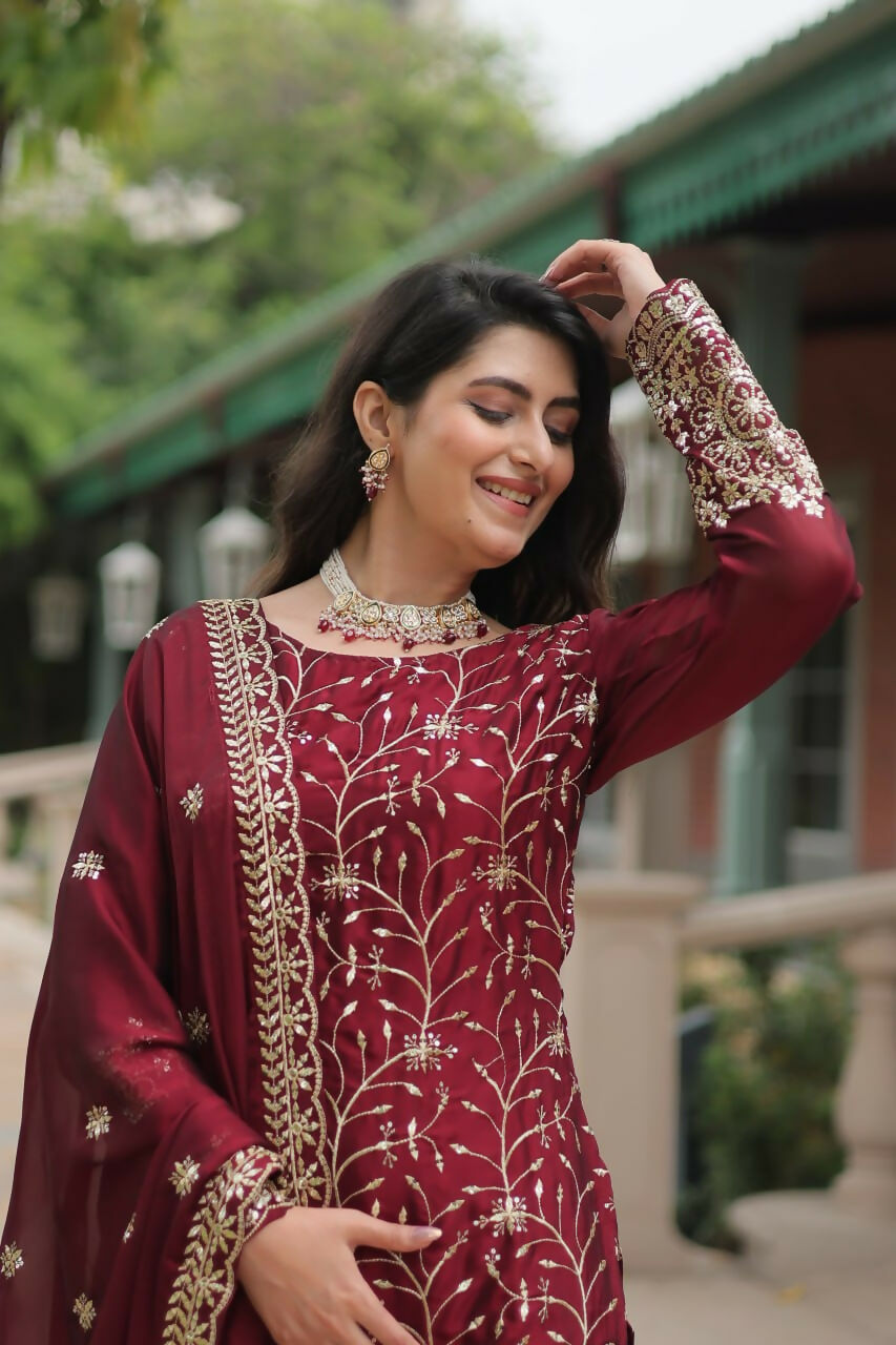 Vastranavya Premium Designer Heavy Sequins & Thread Embroidered work Kurti Palazzo & Dupatta - Maroon | Grocsy