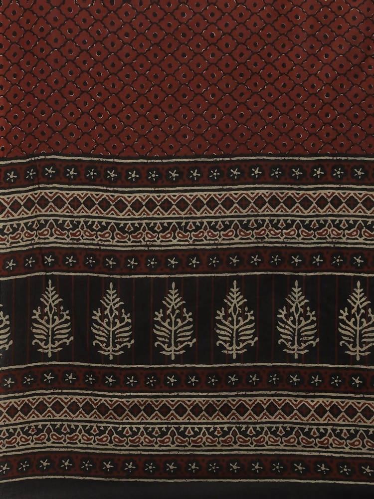 Yufta Women Black & Rust Brown Ethnic Motifs Printed Kantha Work Pure Cotton Kurta Set | Grocsy