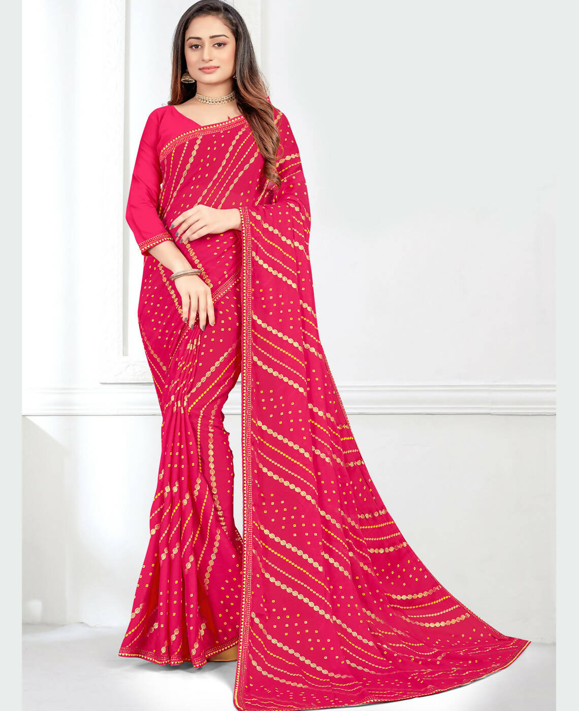 Pink Georgette Bandhani Printed Saree With Unstitched Blouse Piece - Jyoti | Grocsy