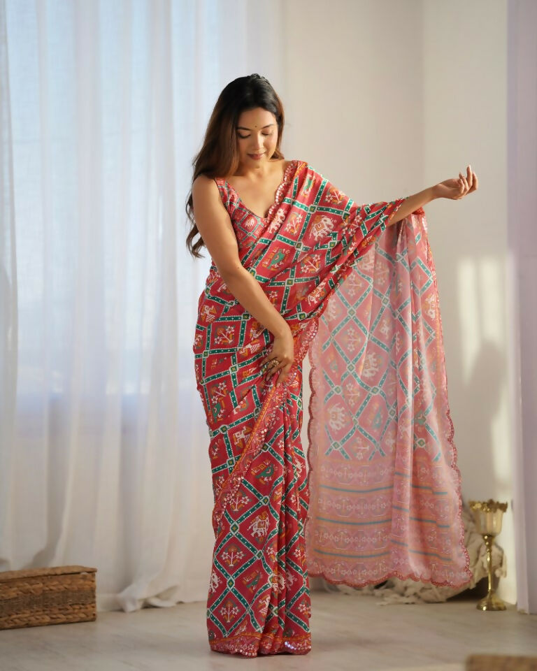 Red Chinon Designer Digital Printed & Mirror Cut Work Saree - Kriti | Grocsy
