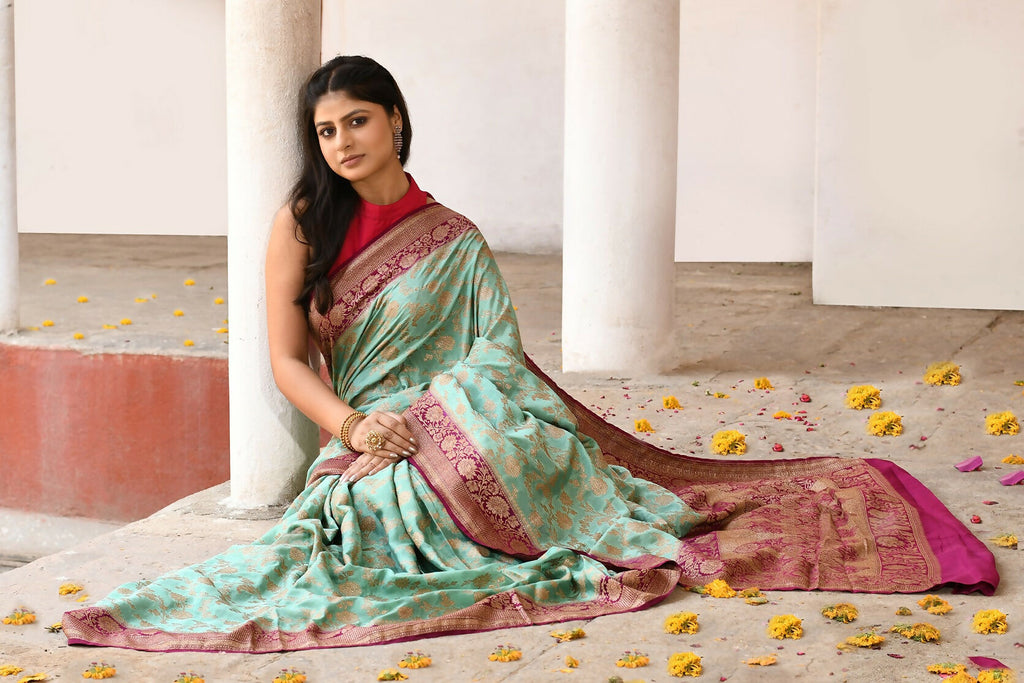 Joban Fashion Aqua Crepe Chiffon Pure Handloom Banarasi Silk Saree | Grocsy