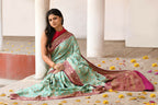 Joban Fashion Aqua Crepe Chiffon Pure Handloom Banarasi Silk Saree | Grocsy
