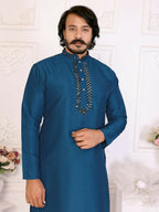 Anaita Teal Silk Straight Kurta With Neck Mirror Work | Grocsy
