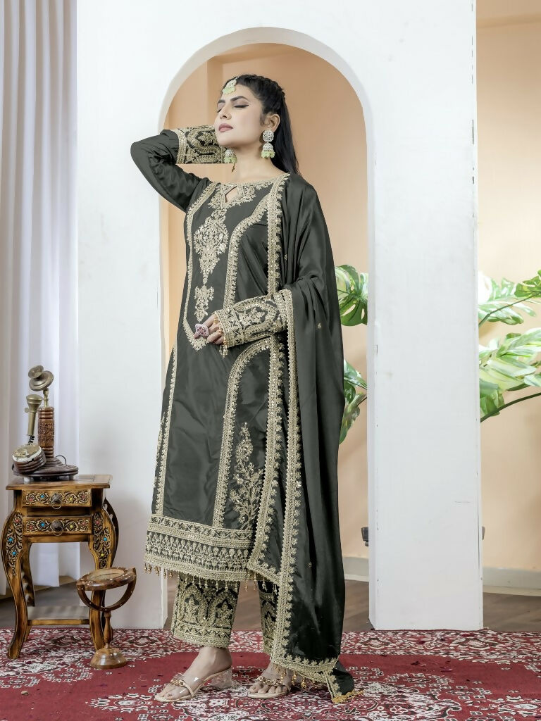 Teeya Creation Black Color Chinnon Silk Embroidery Work Fully Stitched Salwar Suit | Grocsy