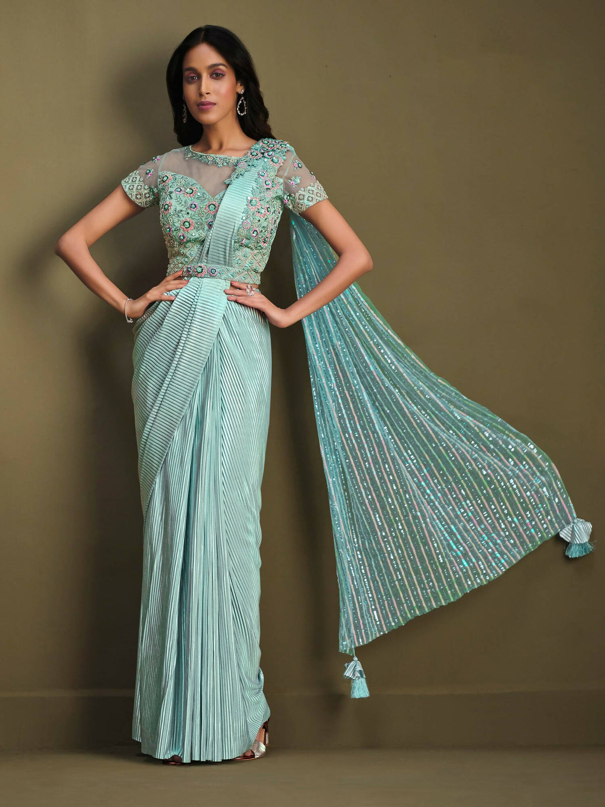 Sky Blue Fancy Crystal Crepe Sequence Embroidered Saree With Stitched Blouse - Mohmanthan La Belle | Grocsy