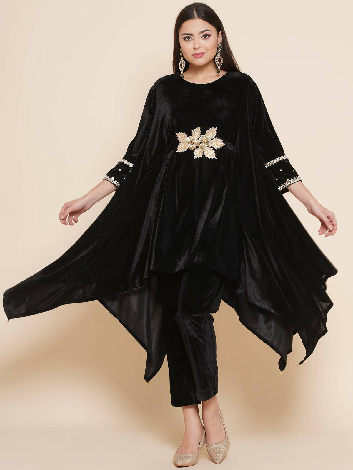 Women Republic Black Velvet Kaftaan Style Kurta With Pants | Grocsy