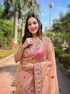 Vastranavya Twill Net Designer Embroidery & Colour Thread & Diamond work Saree with Blouse Material - Peach | Grocsy