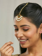 Nuyug 22K Gold-Plated Green Stone & Kundan Studded with Pearl Drop Maang Tikka Head Jewellery | Grocsy