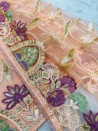 Vastranavya Soft Crush Georgette With Embroidery and Foil Multi Thread Work Saree - Peach | Grocsy