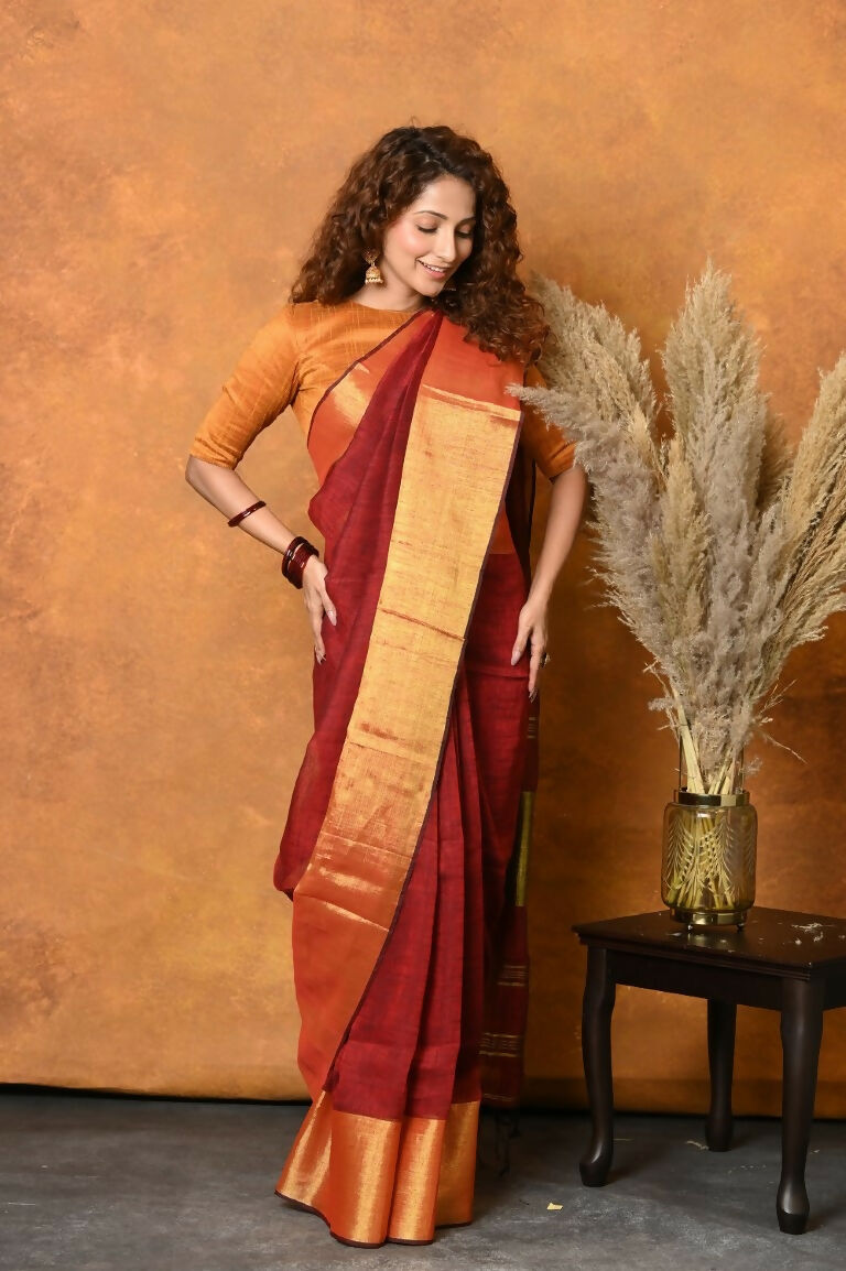 Very Much Indian Handloom Pure Cotton Linen Saree With Golden Border - Dark Maroon | Grocsy