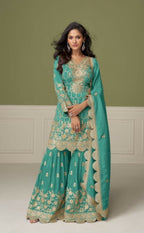 Anaita Sky Blue Real Shimmer Readymade Suit with Embroidery & Real Mirror Work | Grocsy