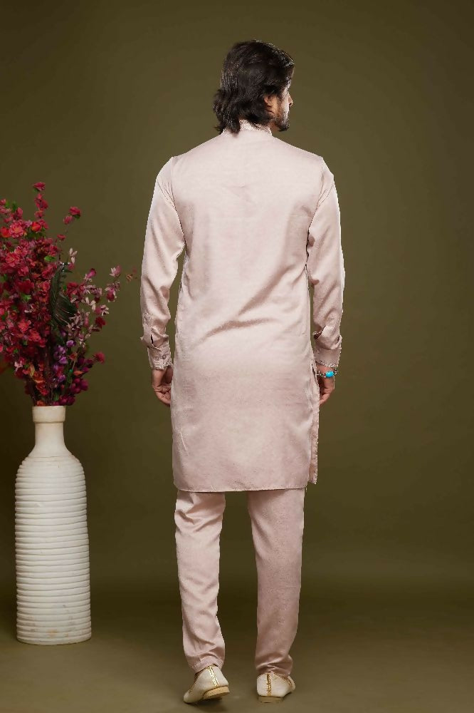 Raivat Ethnic Art Banarasi Silk Thread Work Kurta Pajama In Peach Colour | Grocsy