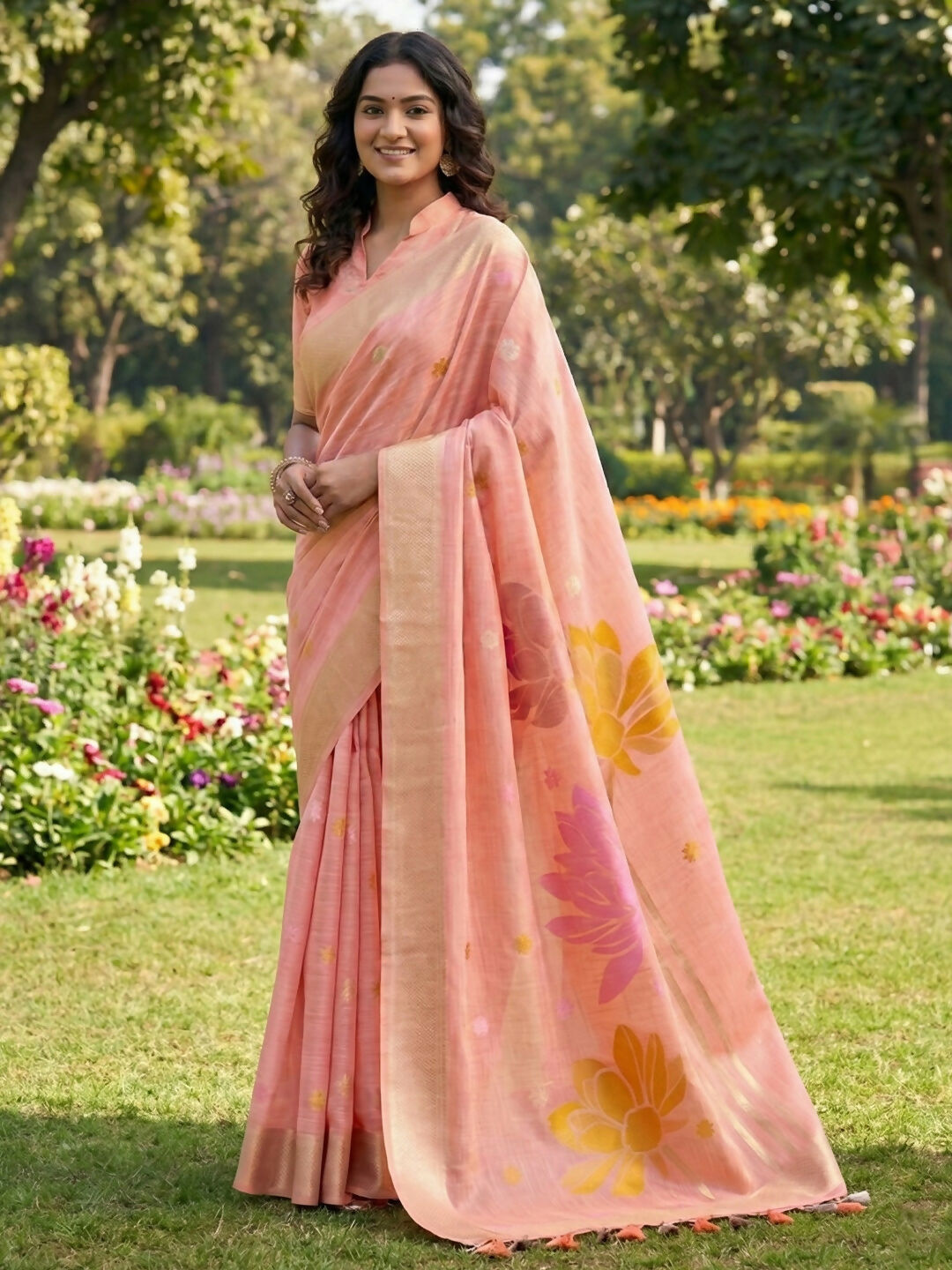 Shree Shyam Fashion Peach Linen Cotton Saree | Grocsy