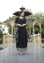 Jyoti Fashion Women's Black Faux Blooming Sequins with Zari Embroidery Anarkali Dress with Dupatta | Grocsy