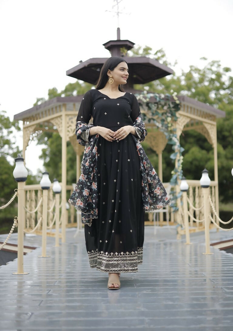 Jyoti Fashion Women's Black Faux Blooming Sequins with Zari Embroidery Anarkali Dress with Dupatta | Grocsy