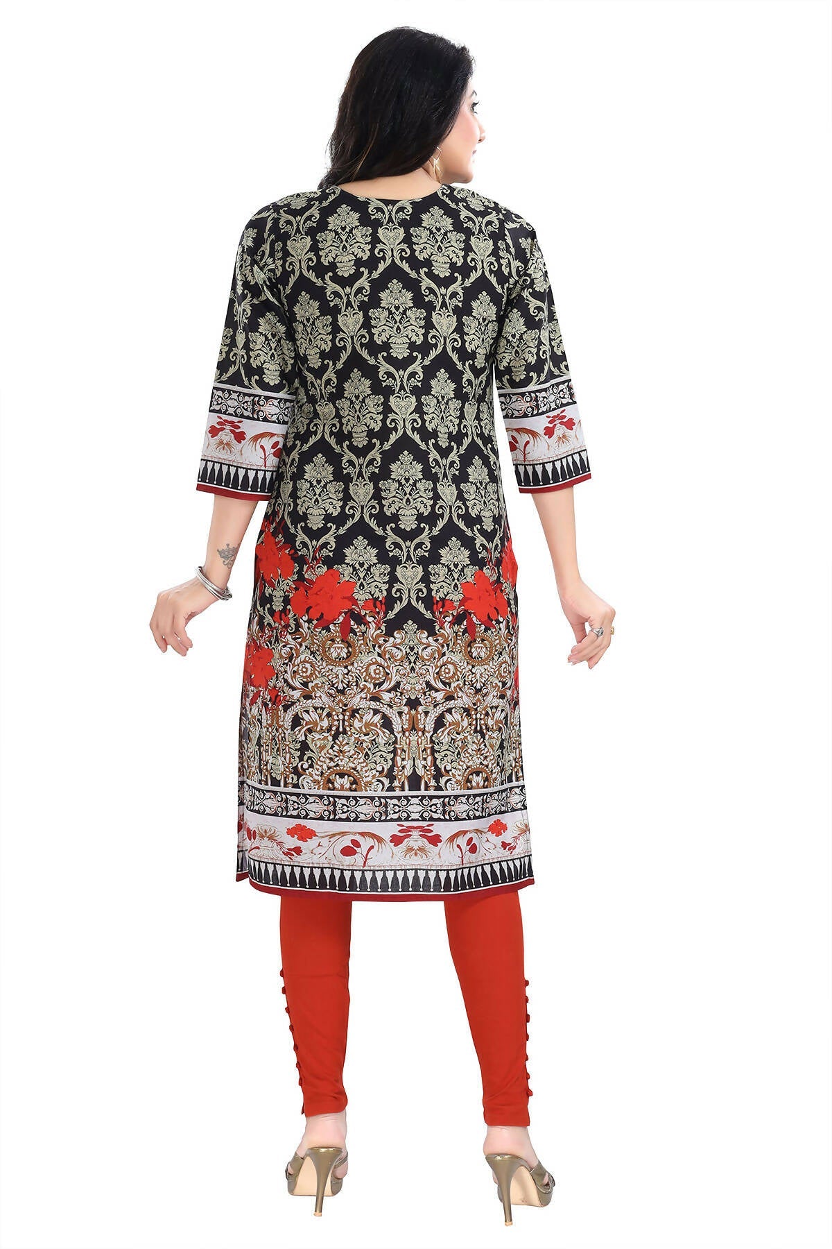 Snehal Creations Deep Black Designer Digital Print Cotton Slub Fabric Long Kurti Tunic | Grocsy