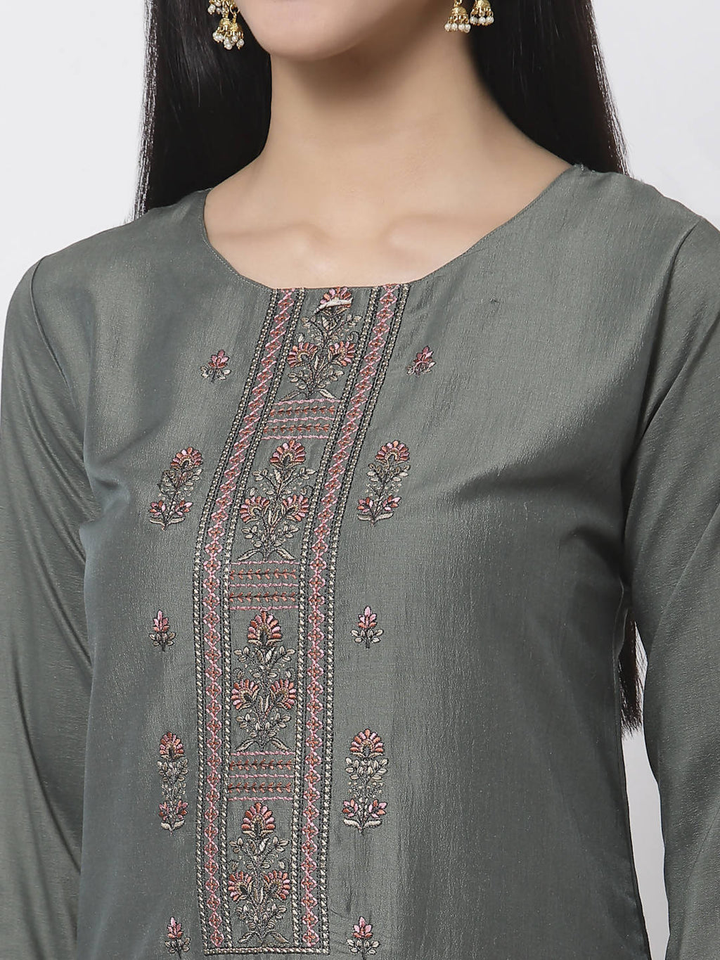 Myshka Women Grey Silk Blend Embroidered 3/4 Sleeve Round Neck Kurta Pant Dupatta Set | Grocsy
