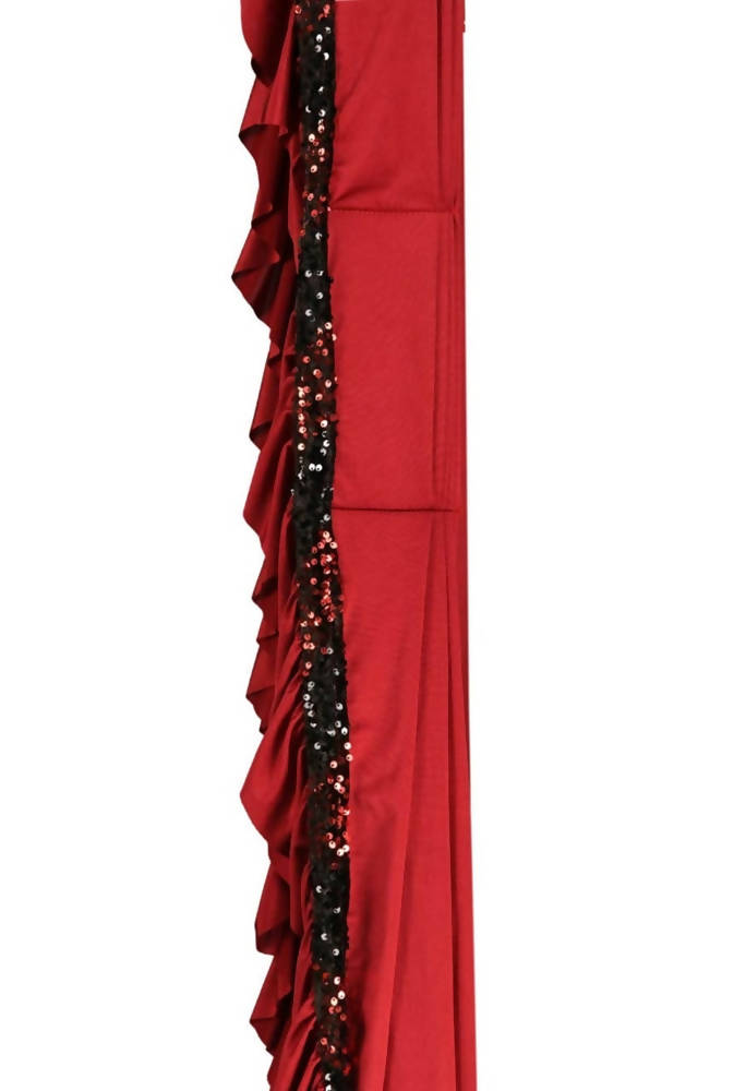 Mominos Fashion All Season Wear Olive Red And Black Ruffled Ready To Wear Saree