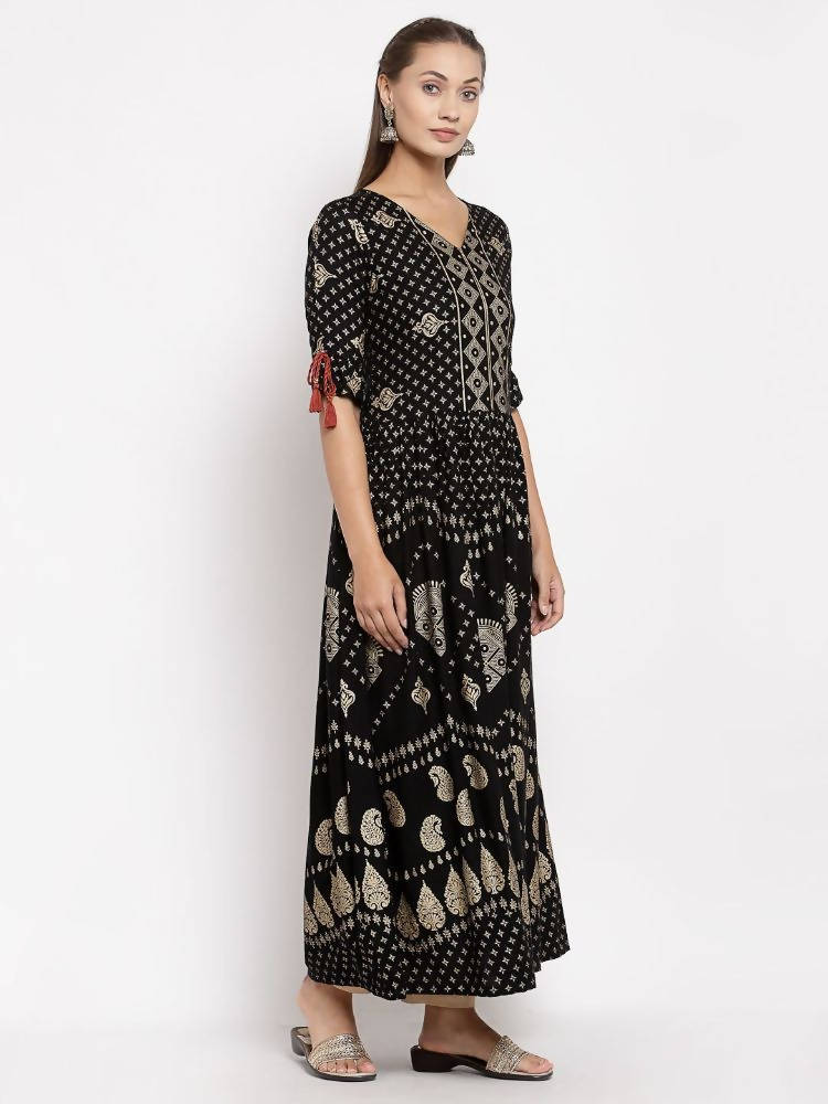 Myshka Women's Green Royan Printed Half Sleeve V Neck Casual Maxi Dress | Grocsy