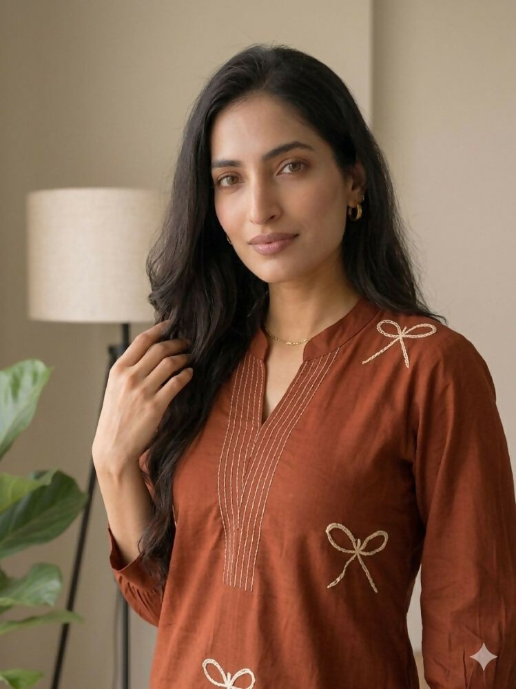 Teeya Creation Women New Trendy Rust Orange Embroidered Cotton Kurta with Palazzos | Grocsy