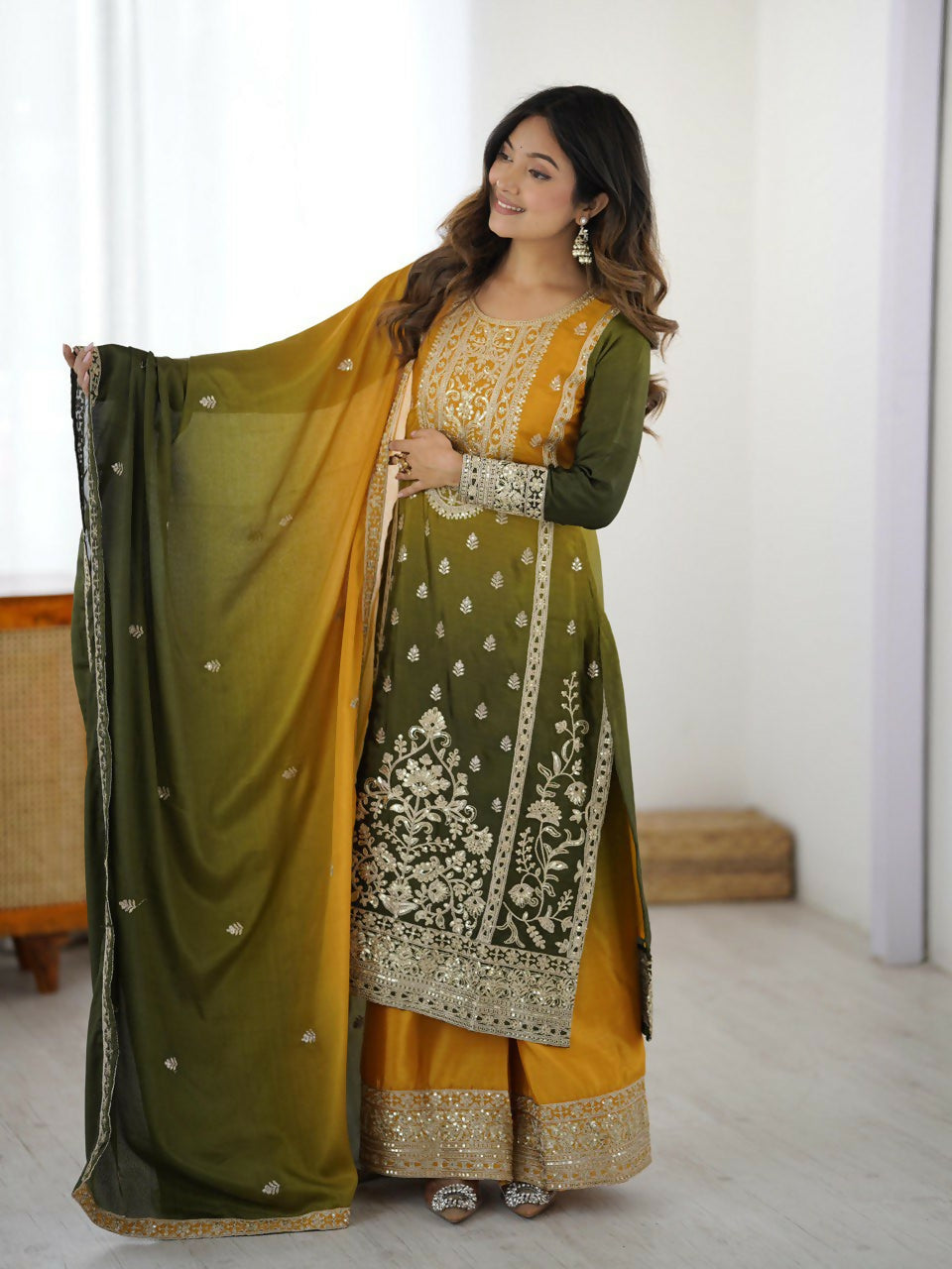 The52 Women's Gorgeous Chinon silk Fabric Embroidery Work Straight Kurta Palazzo and Dupatta Set | Grocsy