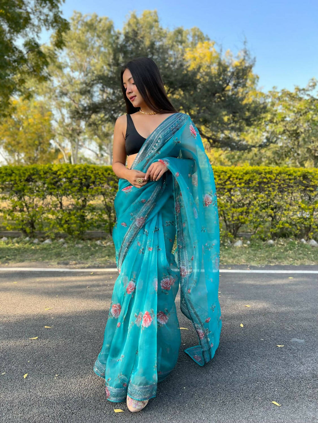 Vamsee Sky Blue Organza Saree | Grocsy