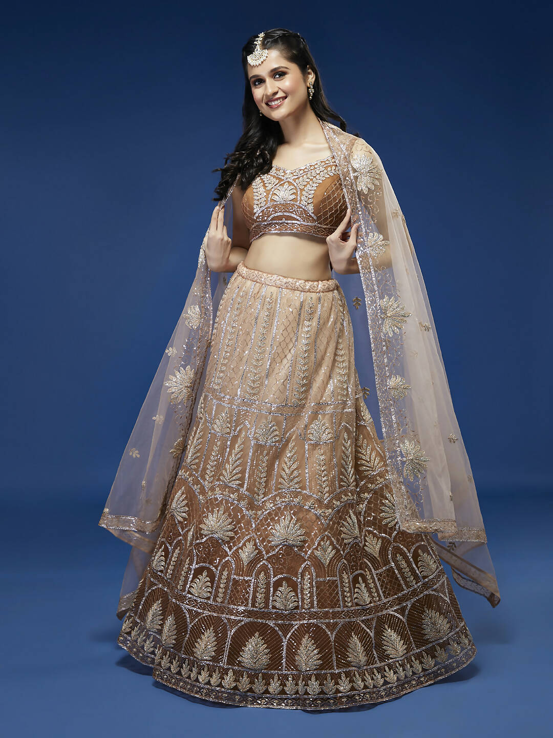 House of Panchhi Rust Net Gotapatti Work Lehenga & Blouse with Dupatta | Grocsy