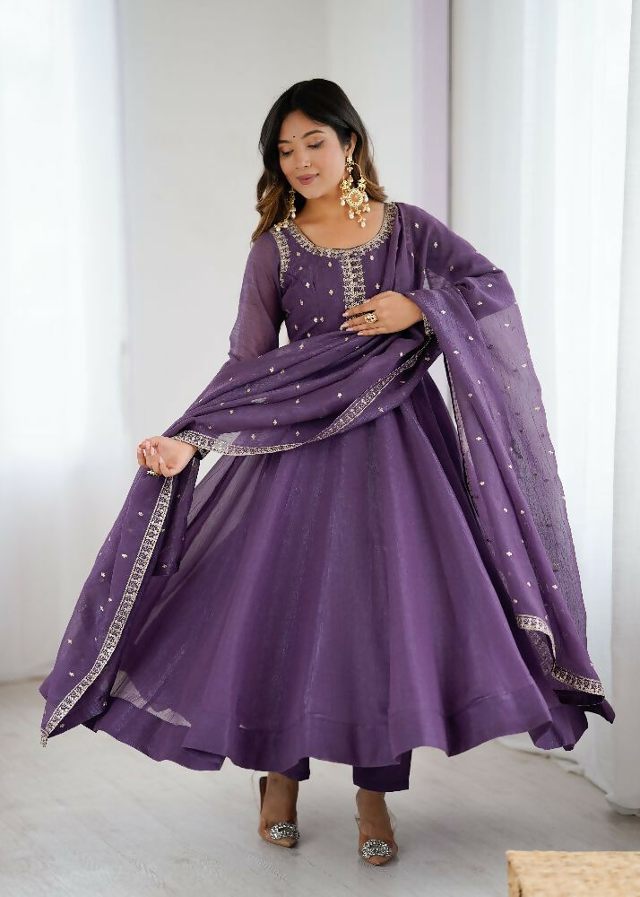 The52 Women's Beautiful Embroidery Work Crunchy Silk Fabric Flared Anarkali Pant and Dupatta Set | Grocsy