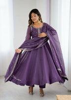 The52 Women's Beautiful Embroidery Work Crunchy Silk Fabric Flared Anarkali Pant and Dupatta Set | Grocsy