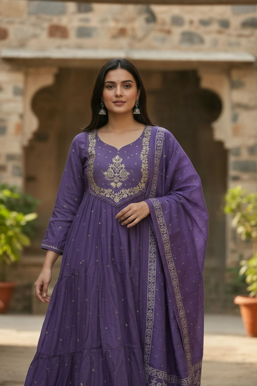The52 Women's Beautiful Cotton Fabric Embroidery Work Flared Anarkali Pant and Dupatta Set | Grocsy